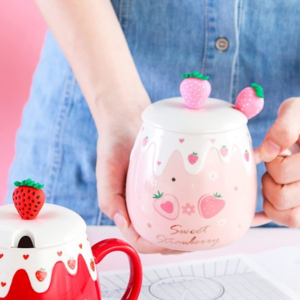 Jordbær krus rosa kaffekrus keramikk kawaii kopp morgen te melk frukt krus med nydelig lokk rustfritt stål skje kreativ nyhet bursdag valentinsdag S