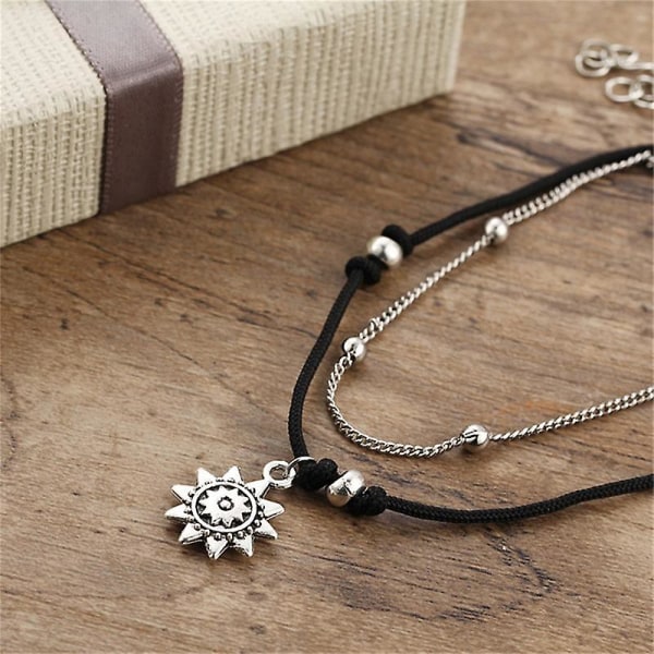 Beach Braided Sun Anklet Women, Bohemian Double Layer Antique Silver Sun Anklet Anklet