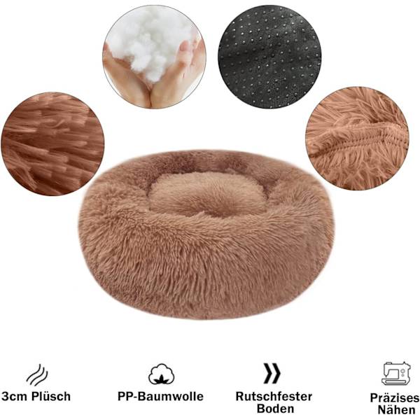 Berigende hundekat donut seng - 15,75 tommer fluffy plys hvalp killing nusser rund seng, varm og blød kæledyr hyggelig anti-angst senge med skridsikker bund a Coffee 40.00 x 40.00 x 13.00 cm (L x W x H)