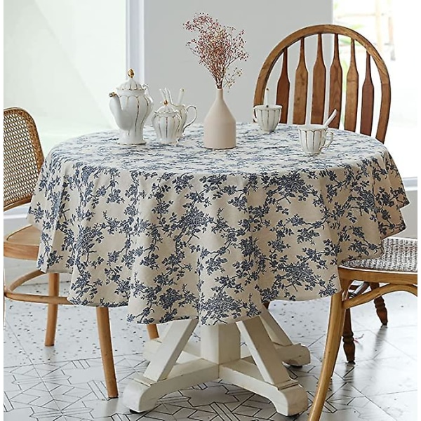 Pastoral rund bordsduk Blå blommig bordsduk Dammtät anti-rynk linne duk matsal picknick kök bordsskiva dekoration (1 st blå