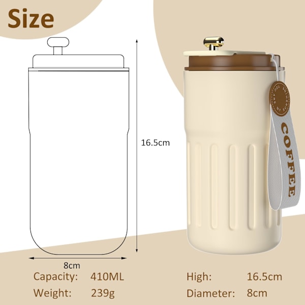 Kaffekopp Resemugg, 316 Rostfritt Stål Vakuumisolerad Kopp, LED Touch Screen Termometer, Smart Kopp Förseglad Flaska 410ml (Brun) brown