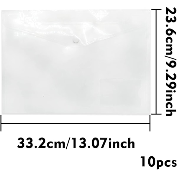 A4 plastfickor, 10-pack genomskinliga mappar plastmapp dokumentfickor kuvertmappar med etikettficka och knapp för skola, hem,
