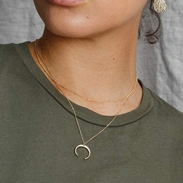 Fint lagdelt choker-halskjede, håndlaget 14K gullbelagt Y-anheng halskjede flerlags stangskive halskjede justerbare lagdeling choker-halskjeder for kvinner 2PCS  Chain&Crescent 3PCS  Chain&Bar&Hammered Disc