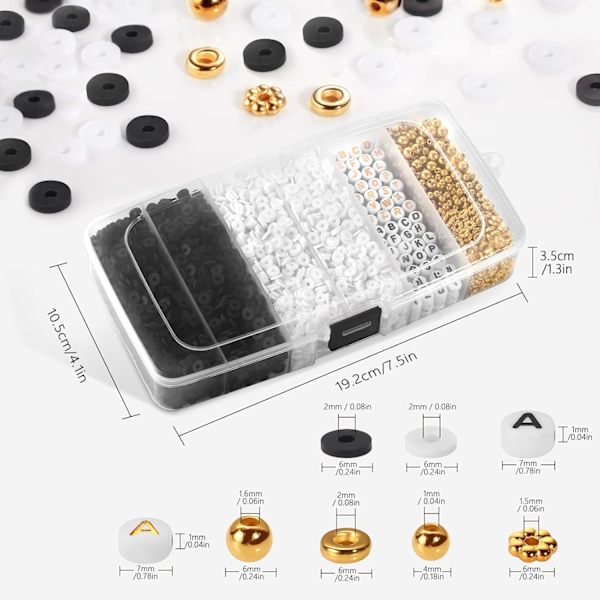 Vit svart lera pärlor armband gör-det-själv-kit, Heishi pärlor polymer lera pärlor för smyckestillverkning, vänskapsarmband kit med guld pärlor alfabet bokstäver Black White series