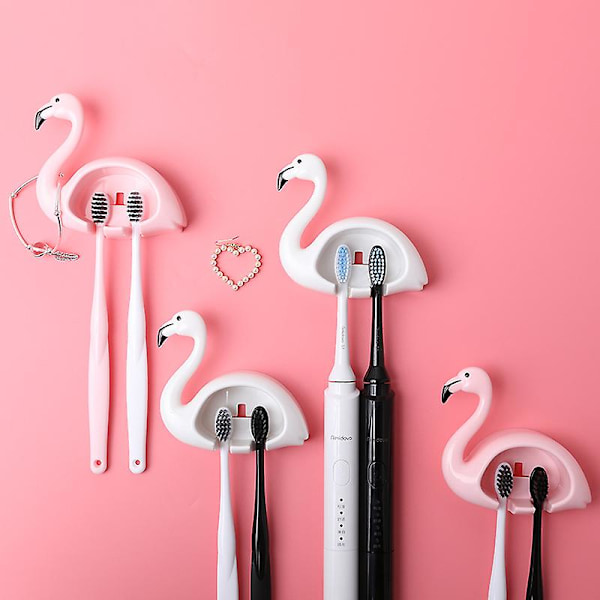 Suloinen eläinhammasharjan pidike lapsille Flamingo-muotoinen kylpyhuoneen järjestäjäteline | Itsekiinnittyvä seinäkiinnitys Ei porausta | Vahva ABS-materiaali (2 kpl, P