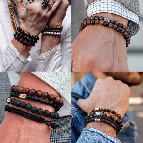 Tigeröga Armband 8MM Naturliga Stenpärlor Armband Set Stretch Lava Sten Armband Justerbart Svart Kristall Pärlarmband för Män Kvinnor Gåvor