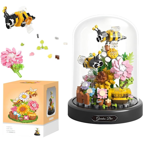 Blomsterbuket og Insekt Byggesæt, 588 stk. Blomster Botaniske Mini Klodser Byggesæt, til Voksne og Børn fra 14 år (Bi) Flowers Bee