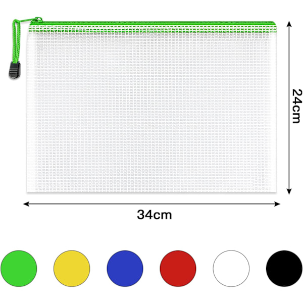 A4 Plast Zip-mapper - 12 stk. lynlås-filposer Mesh Zip Lock Dokumentpungholder Rejseopbevaringspose til kontorartikler og rejsetilbehør 6 Colours  12 PCS A4