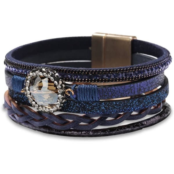 Leopardarmbånd for kvinner, Boho Leather Wrap Multi-Layer Pearl Crystal Armbånd Bangle smykker B26Crystal Leather(Blue) A7Feather