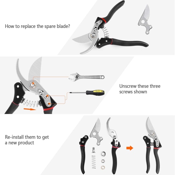 Beskärningssax och sekatör, aluminium trädgårdshand bypass-beskärare, skarp beskärningssax/trädgårdsverktyg, med reservfjäder och blad, ergonomisk