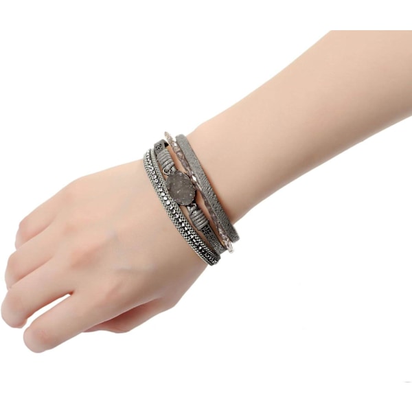 Leopard Armband för Kvinnor, Boho Läder Wrap Multi-Layer Pärla Kristall Armband Smycken B20Grey Stone(Short) A7Feather