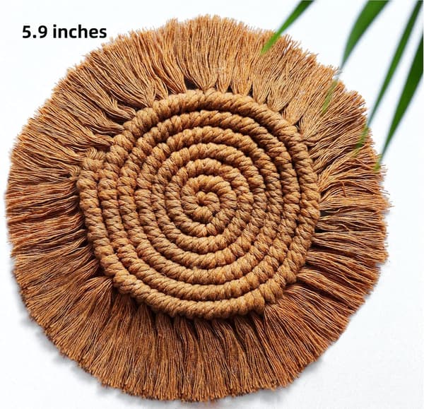 Boho Coasters Sæt med 2, Absorberende Vævede Drikkeunderlag til Sofabord, Bondegårdsindretning, Makrame Coasters til Krus og Kopper - Hou