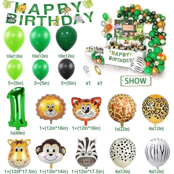 Viidakon 1-vuotiaan pojan syntymäpäiväjuhlakoristeet, 1-vuotiaan baby syntymäpäiväkoristeet, 1-vuotiaan syntymäpäivän ilmapallot eläimet lateksilla Jung