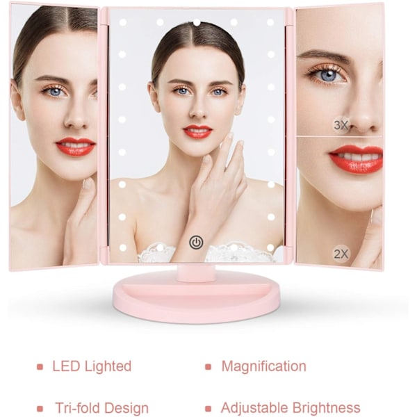 Tri-fold oplyst makeupspejl med 21 LED-lys, berøringsskærm og 3X/2X/1X forstørrelsesspejl, kosmetikspejl To strømforsyningstilstande Bordplade Ma Pink