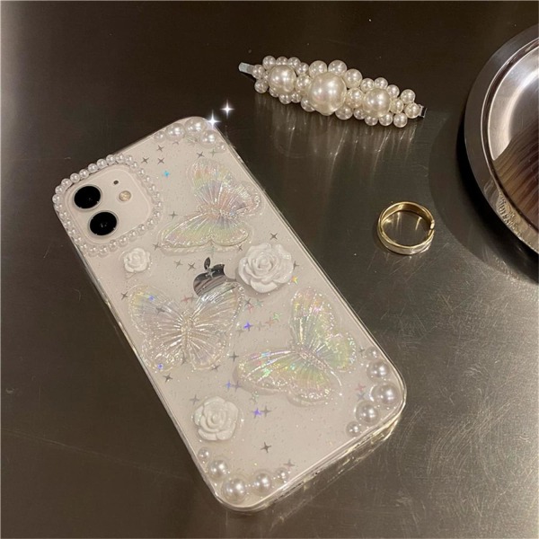 Kompatibel med iPhone 11 Etui 3D Sommerfugl Blomster Klar med Design Æstetisk Kvinder Teen Piger Glitter Smuk Krystal Funklende Sød Pigete Telefon Etuier