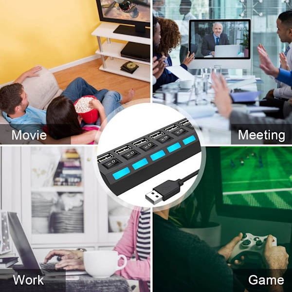 Multi-port USB-splitter, 7-ports USB 2.0 Hub USB-dataadapter med tænd/sluk-knapper til individuelle LED'er, kompatibel med Macbook, Mac Pro/mini, iMac, Note Black USB 2.0