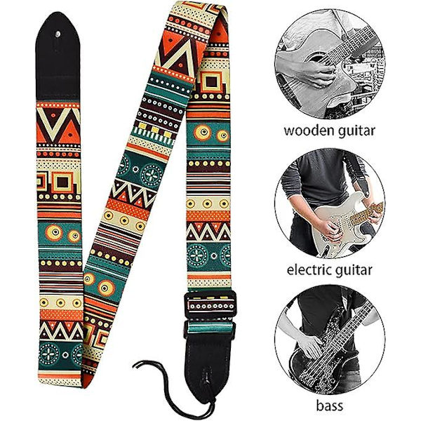 1 stk etnisk gitarrem, justerbar ukulele-rem, gitarrem med PU-skinnender, gitartilbehør, passer til bass, elektriske og akustiske gitarer