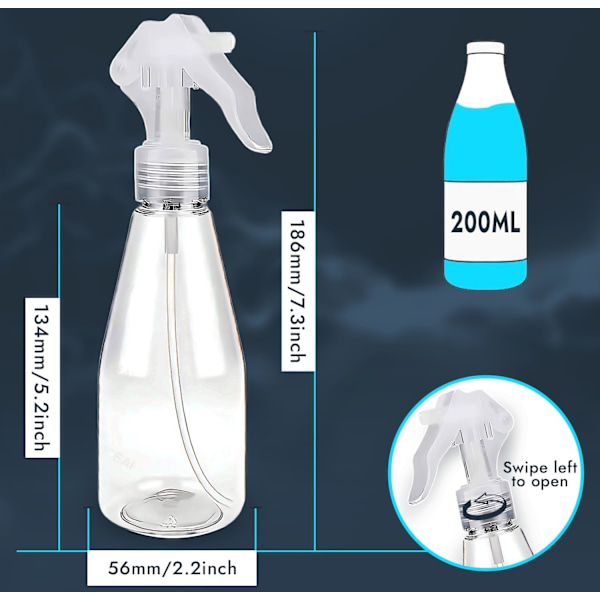 Sprayflaskor, 2-pack, 200 ml, Vattensprayflaskor, Växtdimma, Transparenta, Tomma, Plastsprayflaskor för Trädgårdsskötsel, Rengöring, Luftfräschning
