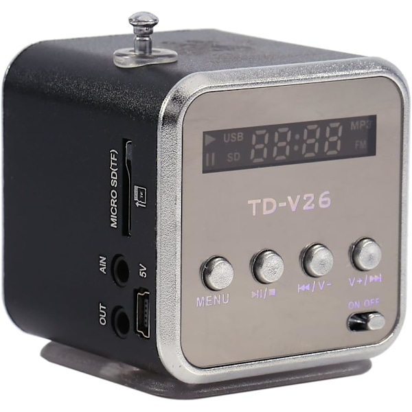Radio, Radio Billig, Td V26, Pieni kannettava radio verkkovirralla ja akulla Mini-kaiutin Musiikkisoitin Kannettava Fm-radio Pc Muoti Tukee Tf-korttia ja U-levyä Black