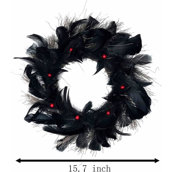 15,7 tums Halloween svart fjäderkrans, förbelyst ytterdörrskrans med led lila ljus