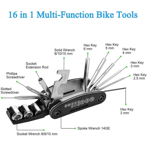 Sykkelreparasjonssett 16 i 1 multifunksjonelt dekkspak sykkelreparasjonssett multifunksjonelt stroppesett