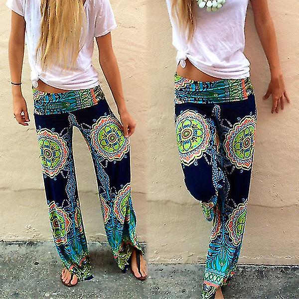 Kvinder Boho Floral Baggy Yoga Bukser Hippie Sommer Strand Bukser med brede ben