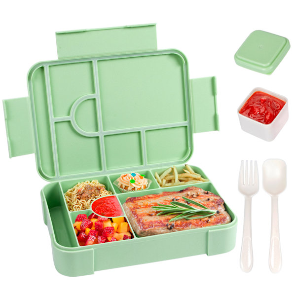 Läckagesäker Bento Lunchlåda med 7 Fack och 1 Salladsdressingbehållare, Perfekt för Skola, Dagis, Kontor (Grön) green