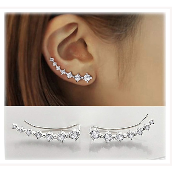 7 Crystals Ear Cuffs Hoop Climber S925 Sterling Silver Earrings Hypoallergenic Earring