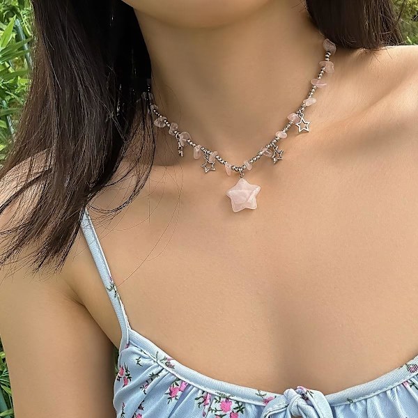 Stjerne Charms Vedhæng Choker Y2K Helbredende Krystal Halskæde Sommer Smykker med Sølvkæder til Teenagere Piger Kvinder Pink One size