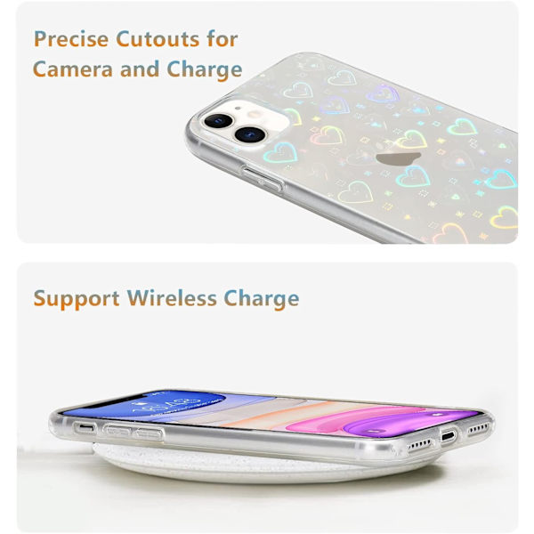 for iPhone 11 Etuier Krystallklar Søt Holografisk Hjertemønster for Kvinner Jenter Transparent Mote Glitter Silikon Bumper Støtsikker Beskyttelse