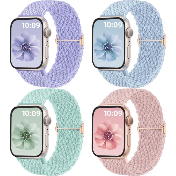 4 stk. Solo Loop flettede remme kompatibel med Apple Watch-remme 40mm 41mm 38mm 42mm 44mm 45mm 49mm til kvinder og mænd, strækbar rem elastisk sport ba D.Lilac/MintGreen/Lavender/SandPink 38mm/40mm/41mm