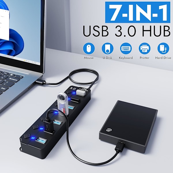 7-ports USB-hub 3.0 – Multi USB-port-hub med individuelle switche og lys – Multi-port USB-adapter-stik – High-speed USB-extender til flash