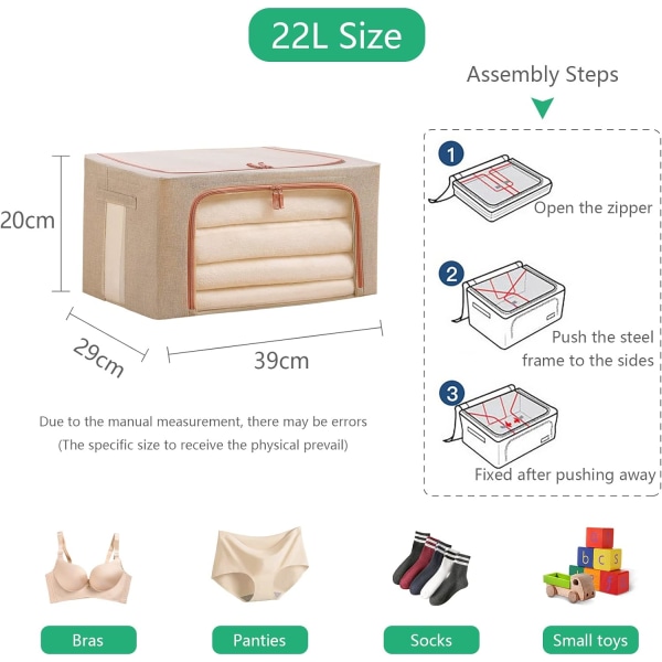 2-pakks klesoppbevaringsboks med stor kapasitet, sammenleggbar oppbevaringsboks med stålramme, perfekt for dyner, sengetøy, leker, med solid glidelås og C
