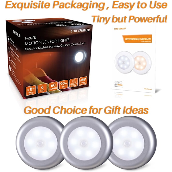 Inomhusbelysning, STAR-SPANGLED High CRI Stick on Puck Lights Batteridriven, Sladdlös LED-lampa för under skåp, skåp, garderob, trappor, kök Silver Body, Cool White, 3 Pack 3 Pack