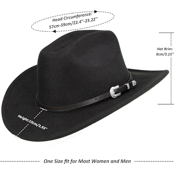 Western Cowboy Hat til Mænd Kvinder Klassisk Roll Up Fedora Hat med Spænde Bælte (Størrelse: Medium)
