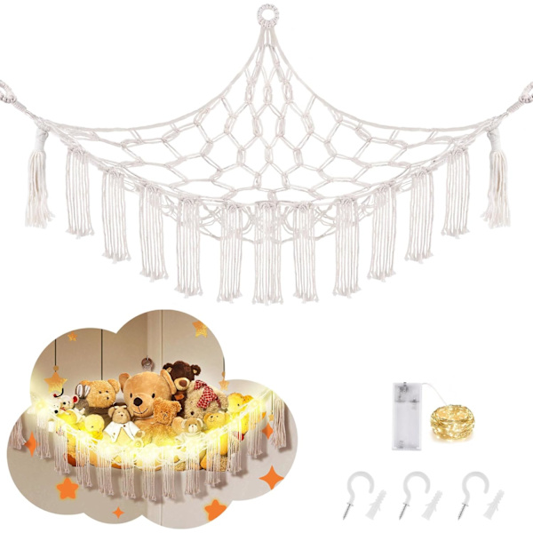 Eläinhamaka LED-valolla, leluhamaka pehmolelujen säilytykseen, lastenhuoneen sisustukseen, pehmolelujen hamaka nurkkaan, valkoinen White Large(Package of 1)