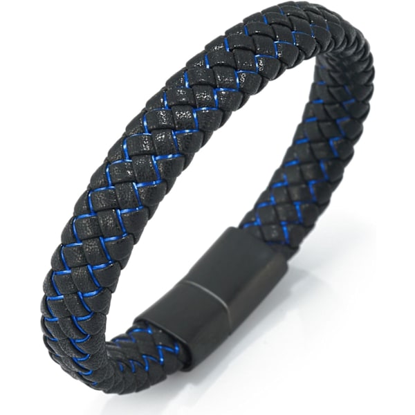 ● Jazz ● Miesten aito nahkainen käsintehty punottu monivärinen rannekoru Titaanimagneettilukko Koko säädettävä 21,5-23 cm Ilmaisella lahjapakkauksella Black Mix Blue 21.5cm