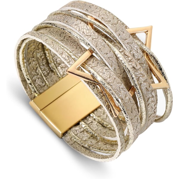 Leopardarmband för kvinnor, Boho Läderomslag Flerlagers pärlor Kristallarmband Armband Smycken B45:Star Leather(Gold) A7Feather