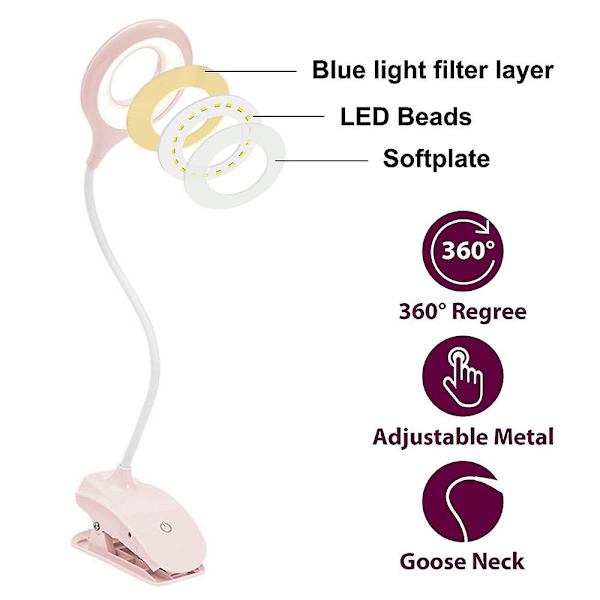 Led skrivebordslampe Øyebeskyttende klemmelys Klemmelamper Leselys Med Usb-port Hvit rosa