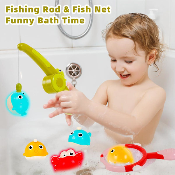 Baby Badelegetøj Sæt, Magnetisk LED Lys Badelegetøj Fiskespil med Fiske Stang & Fiskenet, Sensorisk Udvikling for Spædbørn & Småbørn, Badekar