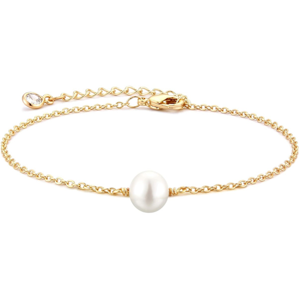 Armband för kvinnor 14K guldpläterad delikat kedja enkelt smycke sött för flickor 1 Pearl 2 Layer Satellite Chain