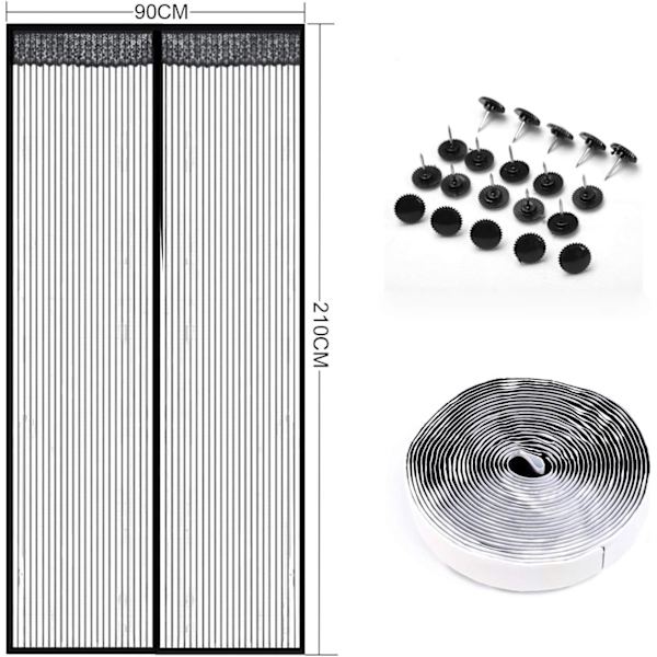 Magnetisk flugskärm för dörrskärm Mesh vit gardin passar för dörr, sommarventilation Håll borta från myggor Insekter（90 x 210cm） (Svart) Black