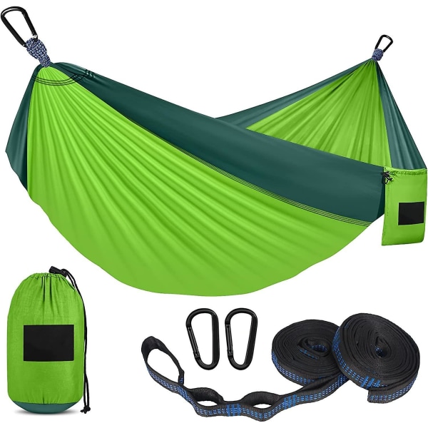 Campinghängmatta, superlätt och bärbar resehängmatta i nylon med två trädremmar, för camping, vandring och ryggsäcksfärd