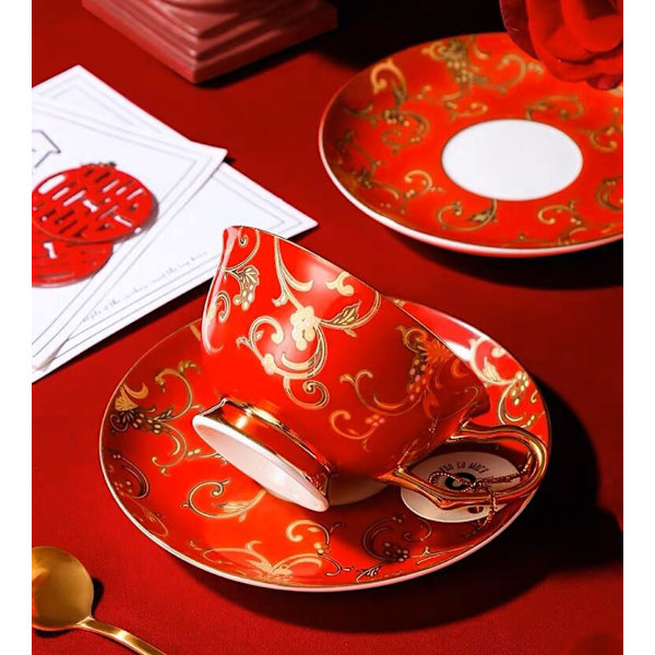 YBK Tech Euro Style Benporslinskopp & Fatbricka Set, Keramisk Te- & Kaffeekopp för Hem, Kök, Bröllop (Retro Blommönster - Röd) Retro Flower Pattern Red