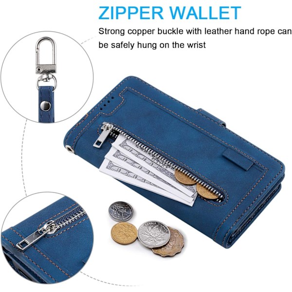 Plånboksfodral för iPhone 15 6,1 tum, Retro 9 kortfack Dragkedja Handväska Fodral PU Läder Magnetisk Stängning Stativ med handledsrem TP Blue iPhone 15 6.1 inch