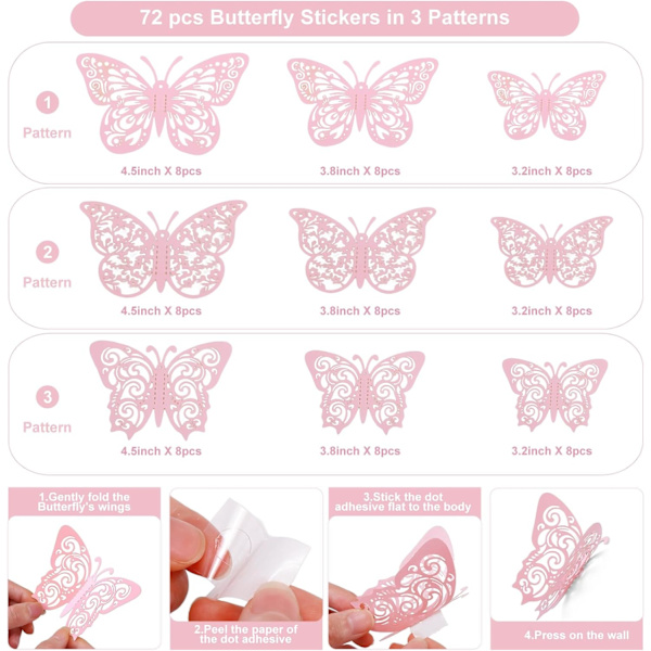 72 kpl perhoskoristeita, 3 kokoa 3 tyyliä, 3D perhosseinäkoriste, perhosjuhlakoristeet, syntymäpäiväkoristeet, perhoset askarteluun 72 Pcs, Pink