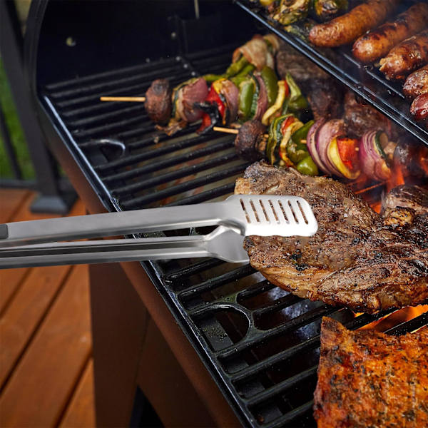 1 grilltang, 45 cm, rustfrit stål, sort og sølv, ideel til madlavning og servering.