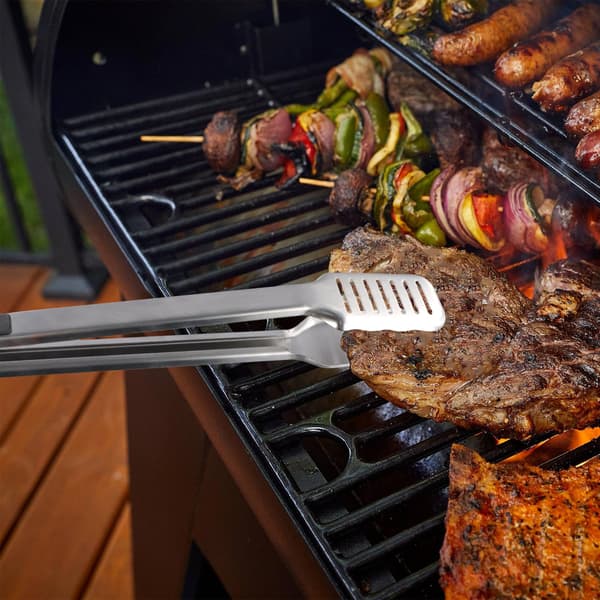 1 grilltang, 45 cm, rustfritt stål, svart og sølv, ideell for matlaging og servering.