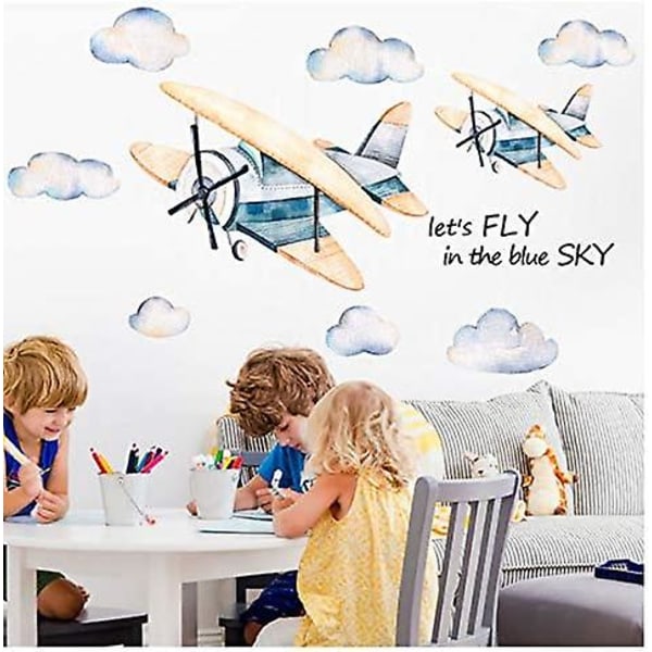 Tecknad flygplan Clounds Väggdekaler Akvarell Handritade Väggdekaler För Barn Pojke Sovrum Lekrum Nursey Heminredning