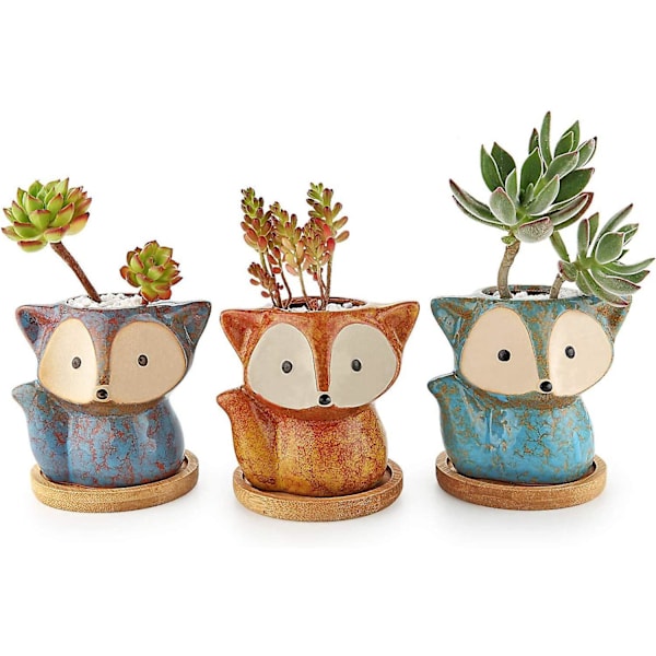 10cm Små Kaktusväxtkrukor Med Bambu Bricka Set Om 3, Söta Räv Kaktus Rund Succulent Kruka Keramisk Krukbehållare Planterare Hem Kontor Dekor Present